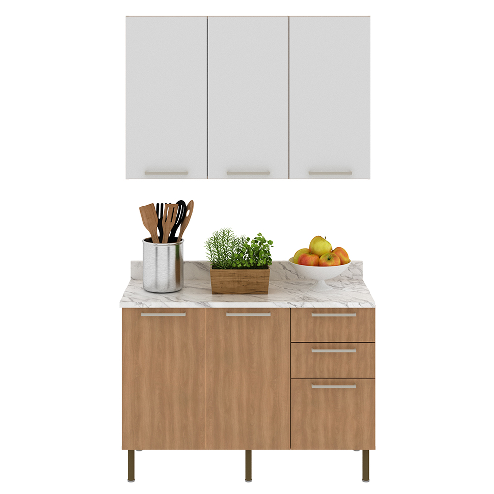 Balcao Tampo Armario Aereo 120 cm CZ31 Freijo Branco Marmore Branco Tecno Mobili