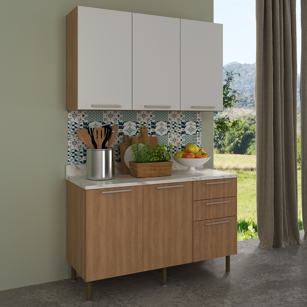 Balcao Tampo Armario Aereo 120 cm CZ31 Freijo Branco Marmore Branco Tecno Mobili