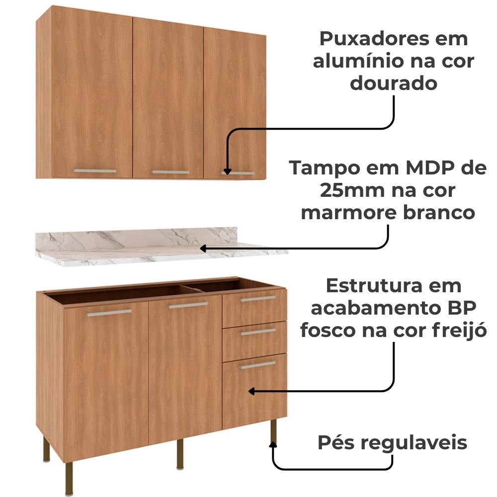 Balcao Tampo Armario Aereo 120 cm CZ31 Freijo Marmore Branco Tecno Mobili 