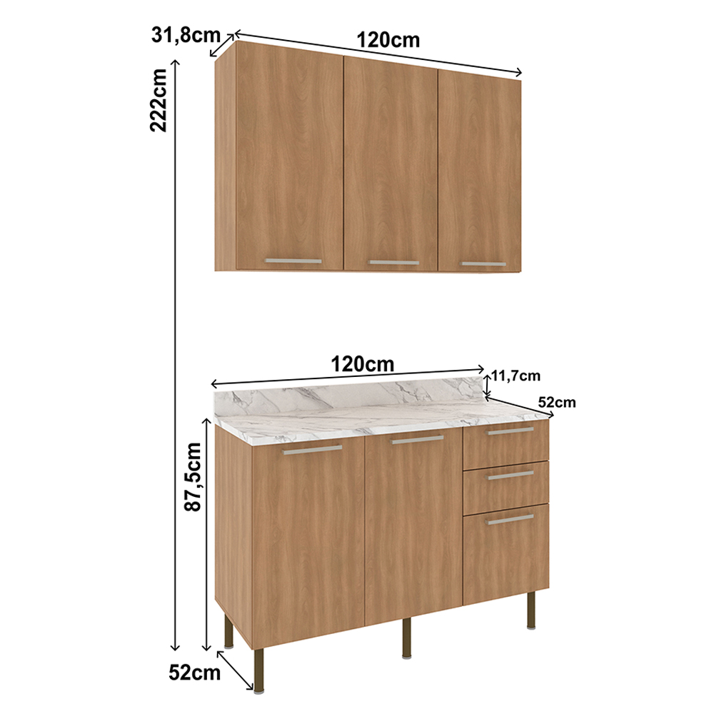 Balcao Tampo Armario Aereo 120 cm CZ31 Freijo Marmore Branco Tecno Mobili 
