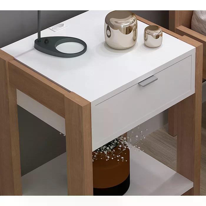 Cama Casal CM8005 E 02 Mesas De Cabeceira AZ1016 QT3 Amendoa Branco Tecno Mobili