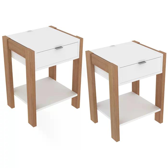 Cama Casal CM8007 E 02 Mesas De Cabeceira AZ1016 QT6 Amendoa Branco Tecno Mobili