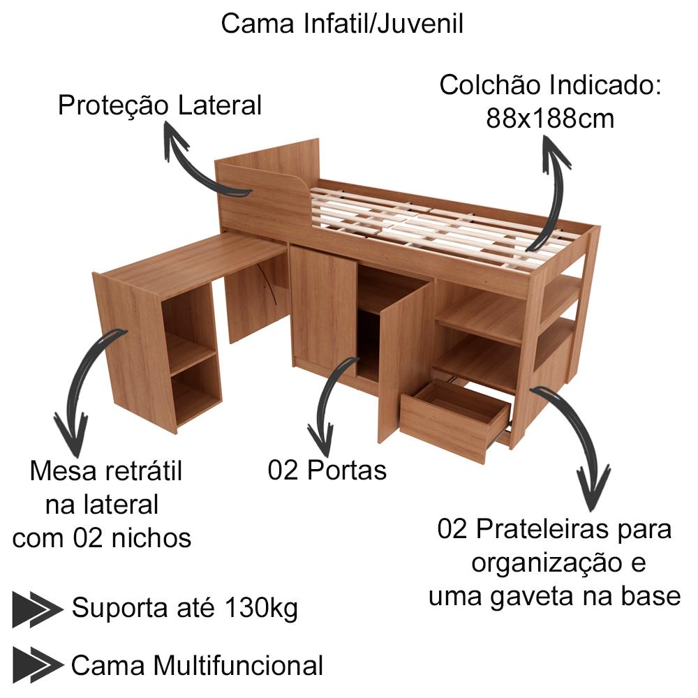 Cama Infantil Multifuncional Com Escrivaninha CM8021 Amendoa Tecno Mobili