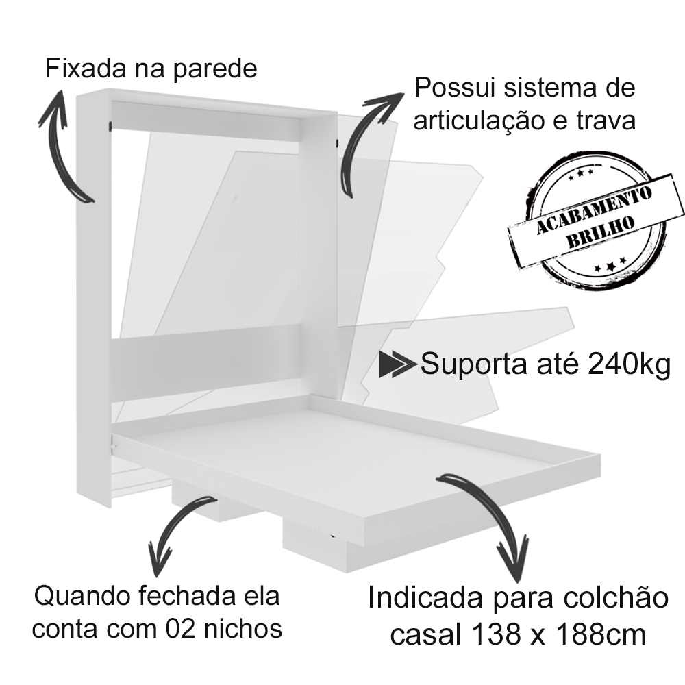 Cama Retratil De Parede Casal CM8016 Branco Tecno Mobili