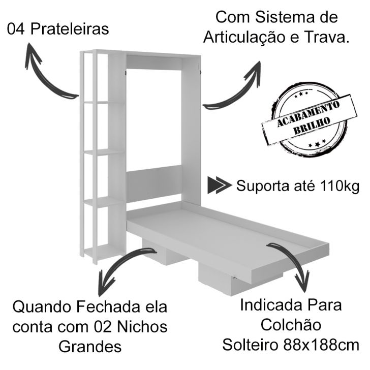 Cama Solteiro Dobrável de Parede - Branco Brilho