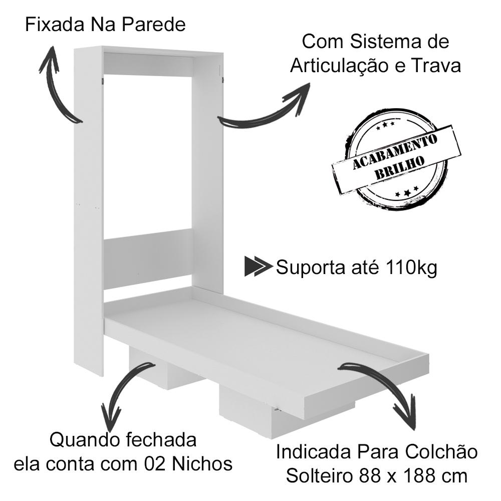 Cama Retratil De Parede Solteiro CM8015 Branco Tecno Mobili