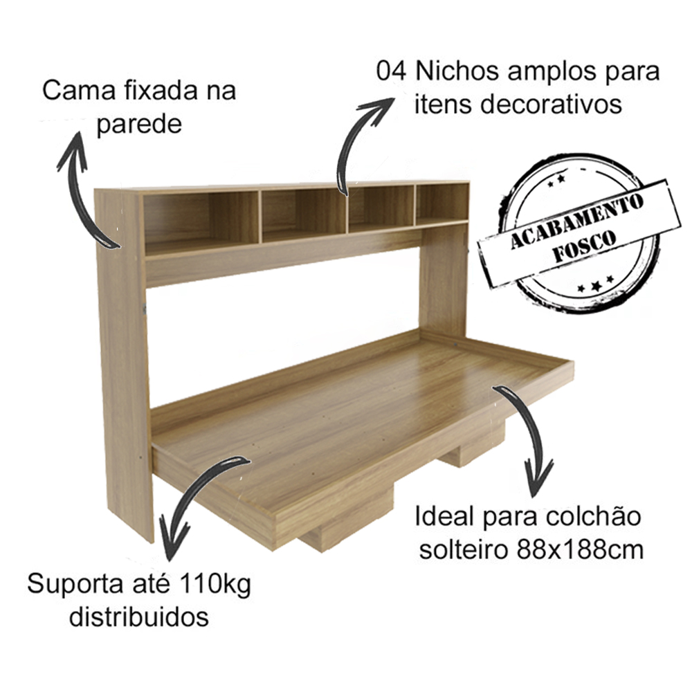 Cama Retratil Horizontal Solteiro CM8020 Amendoa Tecno Mobili