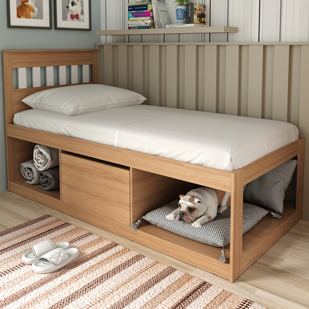 Cama Solteiro 2 Nichos 1 Bau CM8037 Amendoa Branco Tecno Mobili