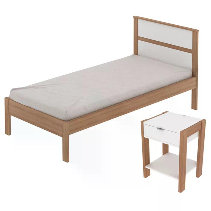 Cama Solteiro CM8004 E Mesa De Cabeceira AZ1016 QT2 Amendoa Branco Tecno Mobili