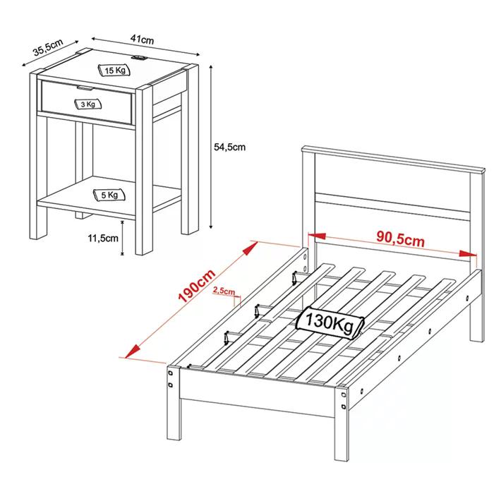 Cama Solteiro CM8004 E Mesa De Cabeceira AZ1016 QT2 Amendoa Branco Tecno Mobili