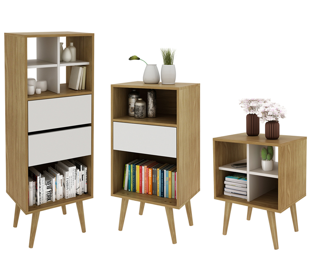 Conjunto 02 Estantes E 01 Mesa Lateral Para Sala Natural Off White Tecno Mobili