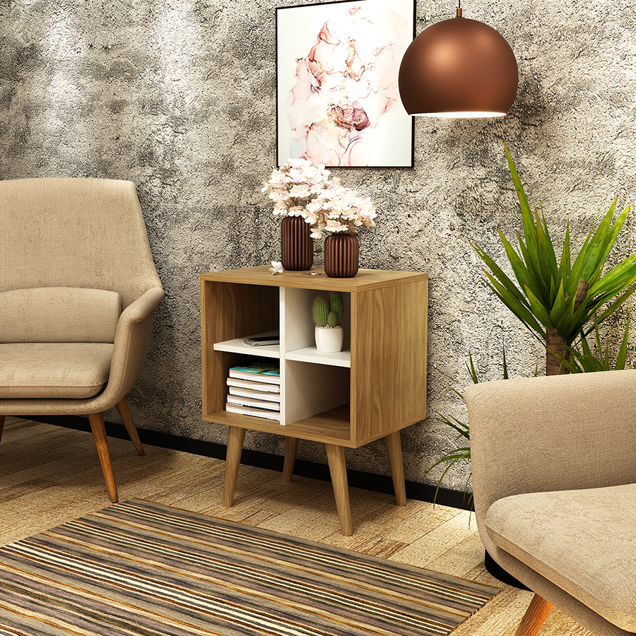 Conjunto 02 Estantes E 01 Mesa Lateral Para Sala Natural Off White Tecno Mobili