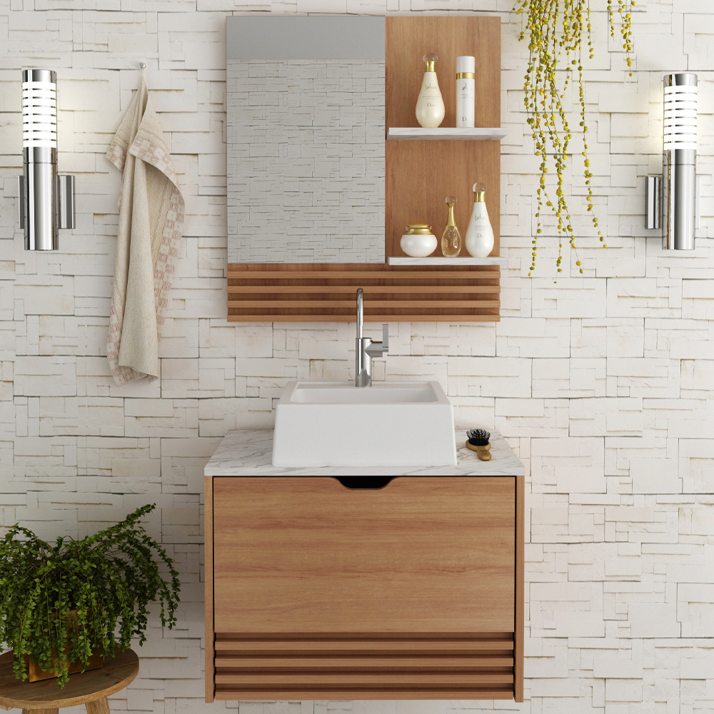 Conjunto 3 Peças Para Banheiro Amendoa Marmore Branco BN3630X13X14 Tecno Mobili