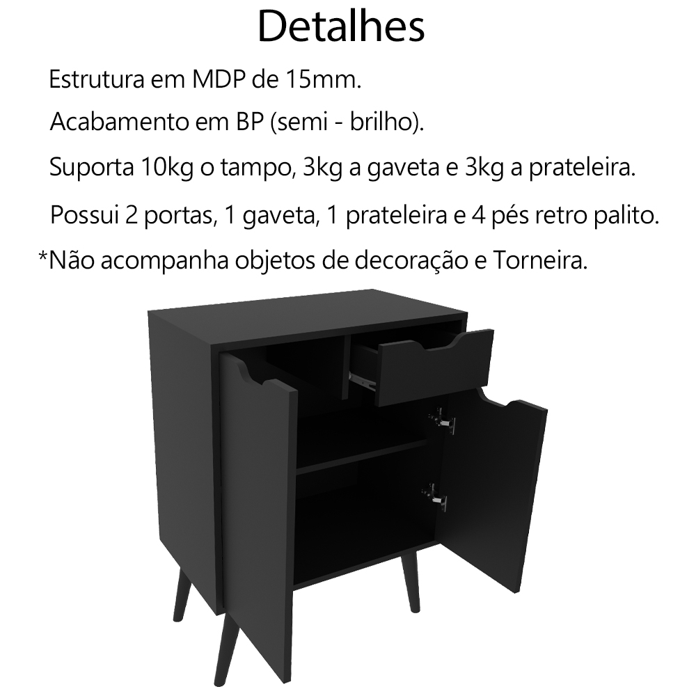 Conjunto 3 Peças Para Banheiro BN3600X37X38 Preto Metalizado Tecno Mobili