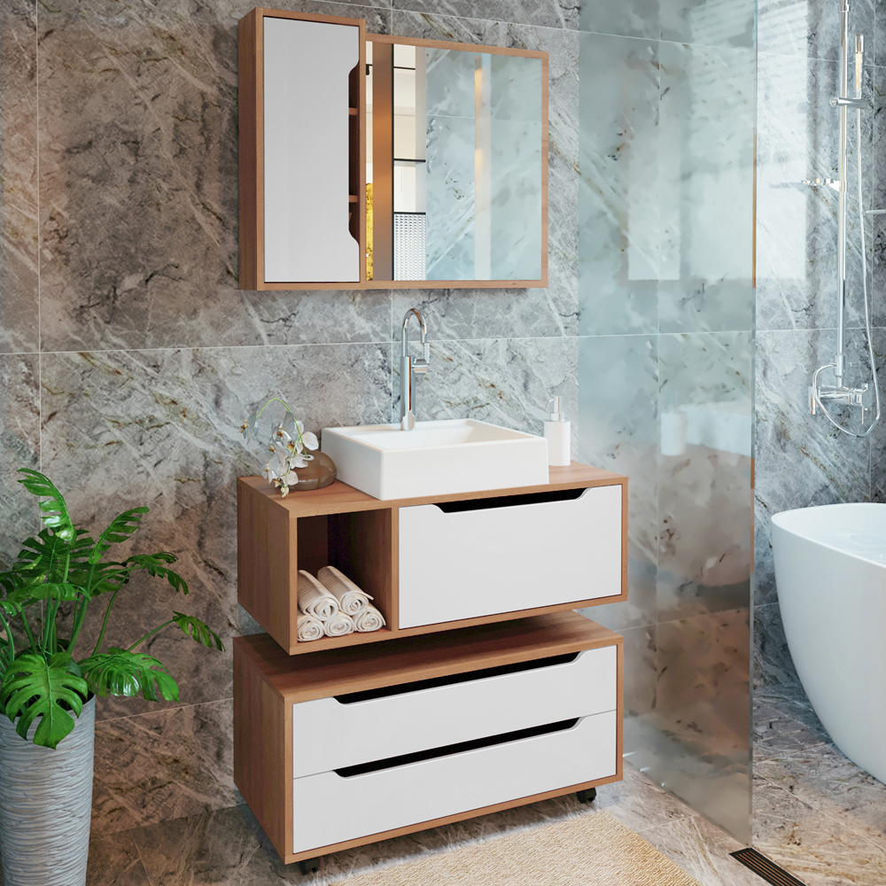 Conjunto 4 Peças Para Banheiro BN3600X43X44X45 Amendoa Branco Tecno Mobili