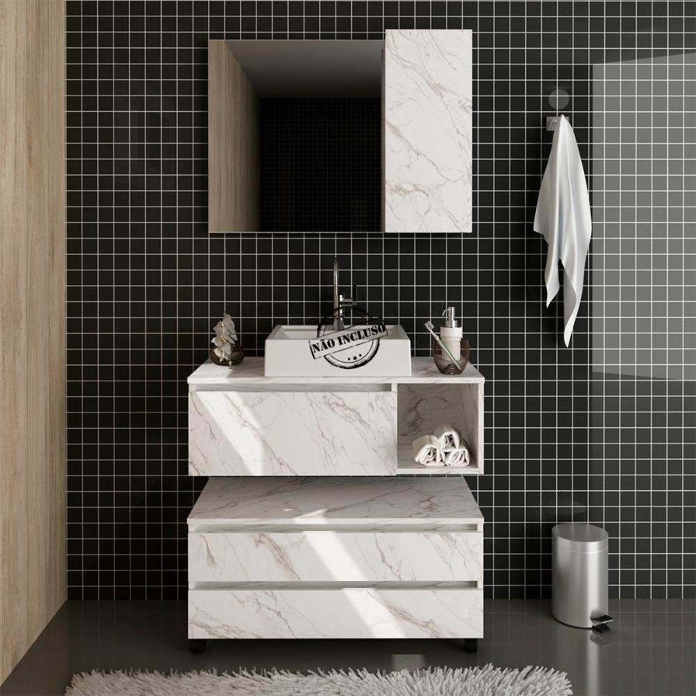 Conjunto De Armarios Para Banheiro Com Espelheira BN11 Marmore Branco Tecno Mobili