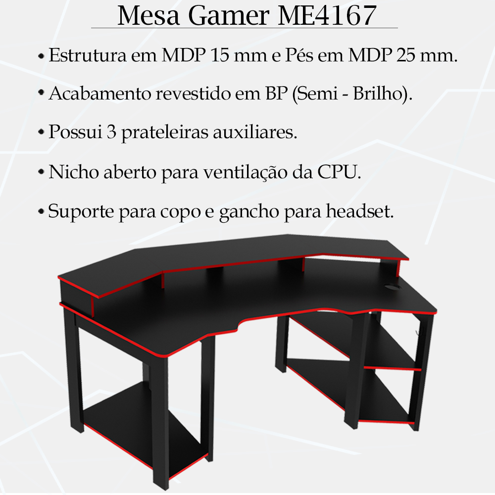 Conjunto Gamer Completo 4 Peças ME41X63X64X66X67 Preto Vermelho Tecno Mobili