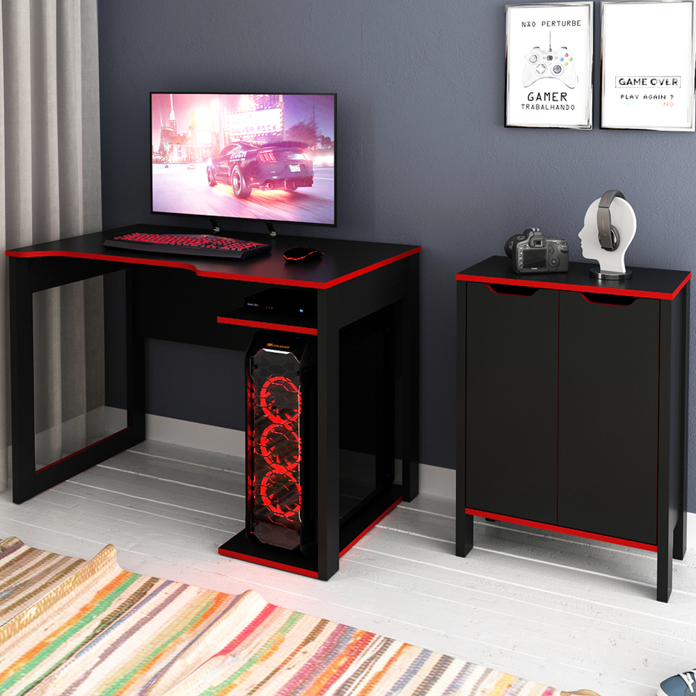 Conjunto Mesa E Armario Gamer ME4161XME4164 Preto Vermelho Tecno Mobili