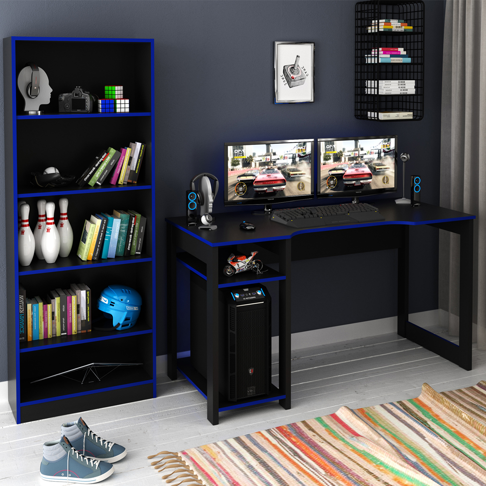 Conjunto Mesa e Armario Gamer ME4141 ME4152 Preto Azul Tecno Mobili