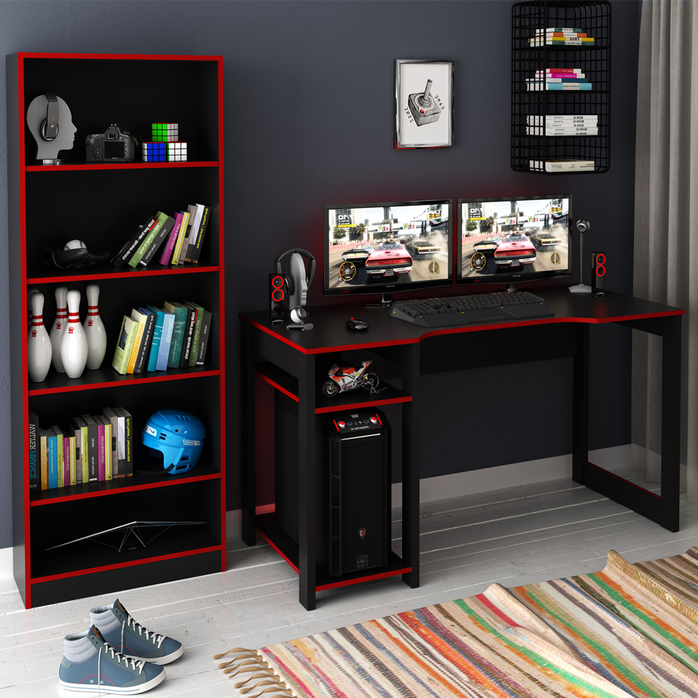 Conjunto Mesa e Armario Gamer ME4141 ME4152 Preto Vermelho Tecno Mobili
