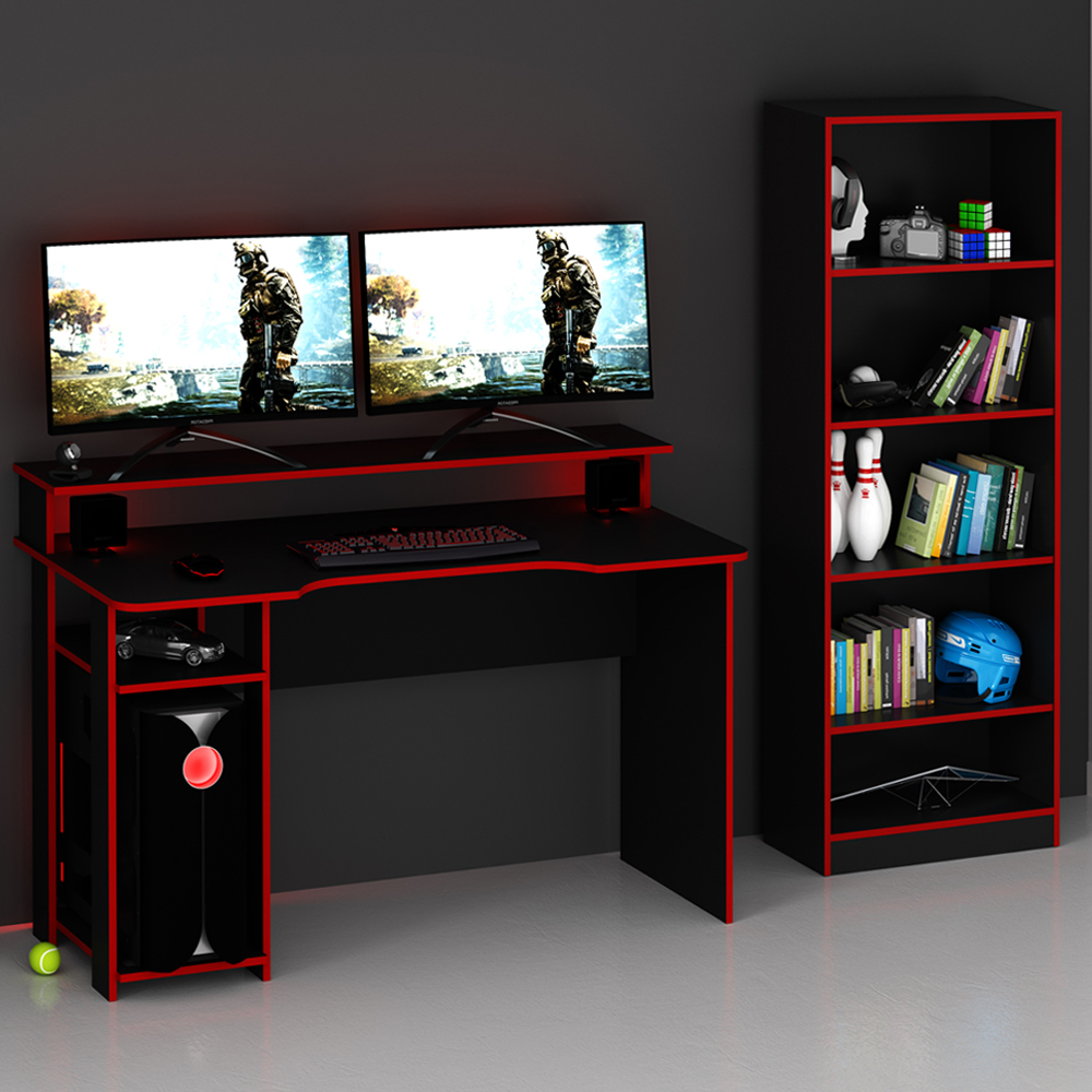 Conjunto Mesa e Armario Gamer ME4141 ME4153 Preto Vermelho Tecno Mobili