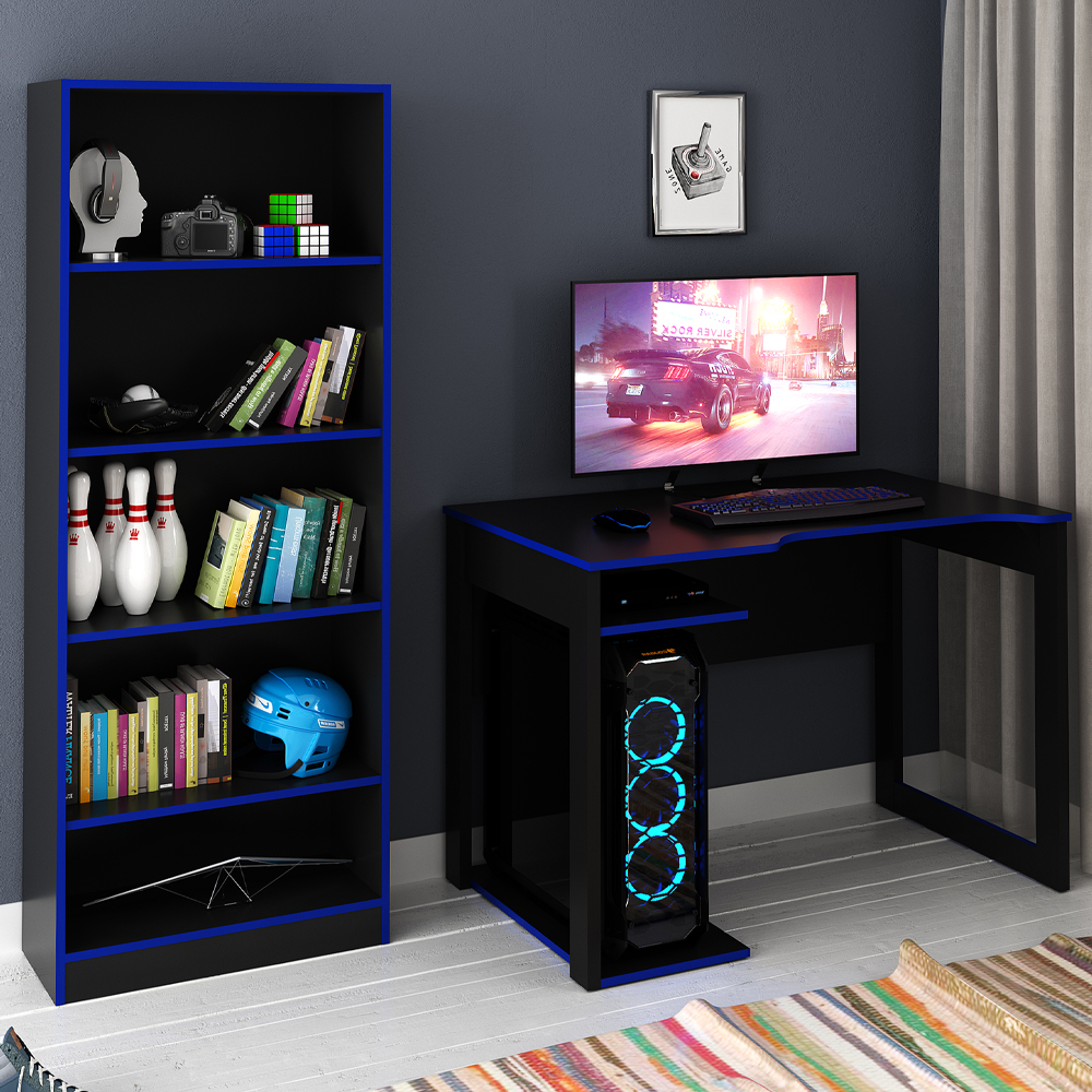 Conjunto Mesa e Armario Gamer ME4141 ME4161 Preto Azul Tecno Mobili