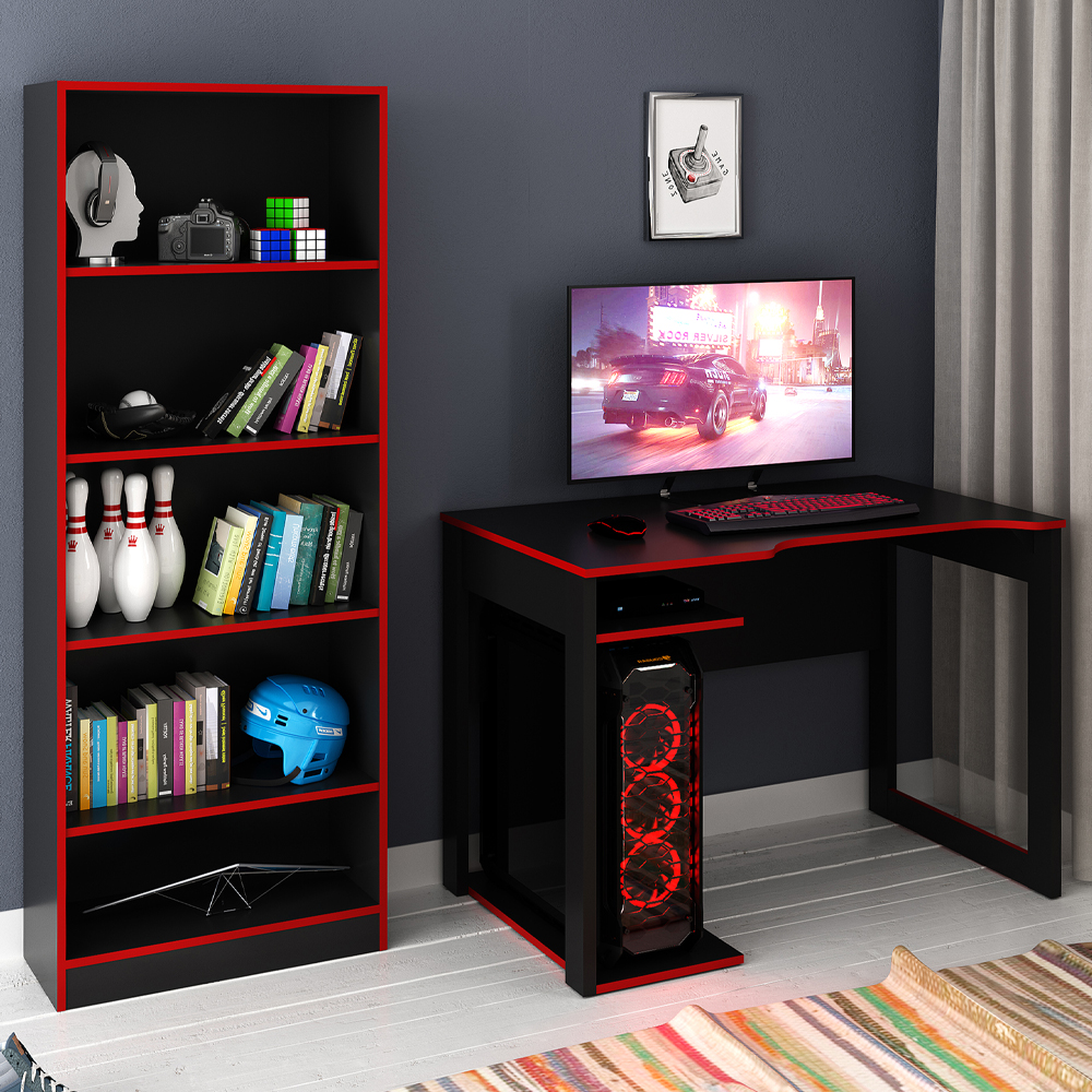 Conjunto Mesa e Armario Gamer ME4141 ME4161 Preto Vermelho Tecno Mobili