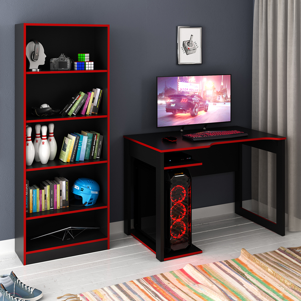 Conjunto Mesa e Armario Gamer ME4141 ME4161 Preto Vermelho Tecno Mobili