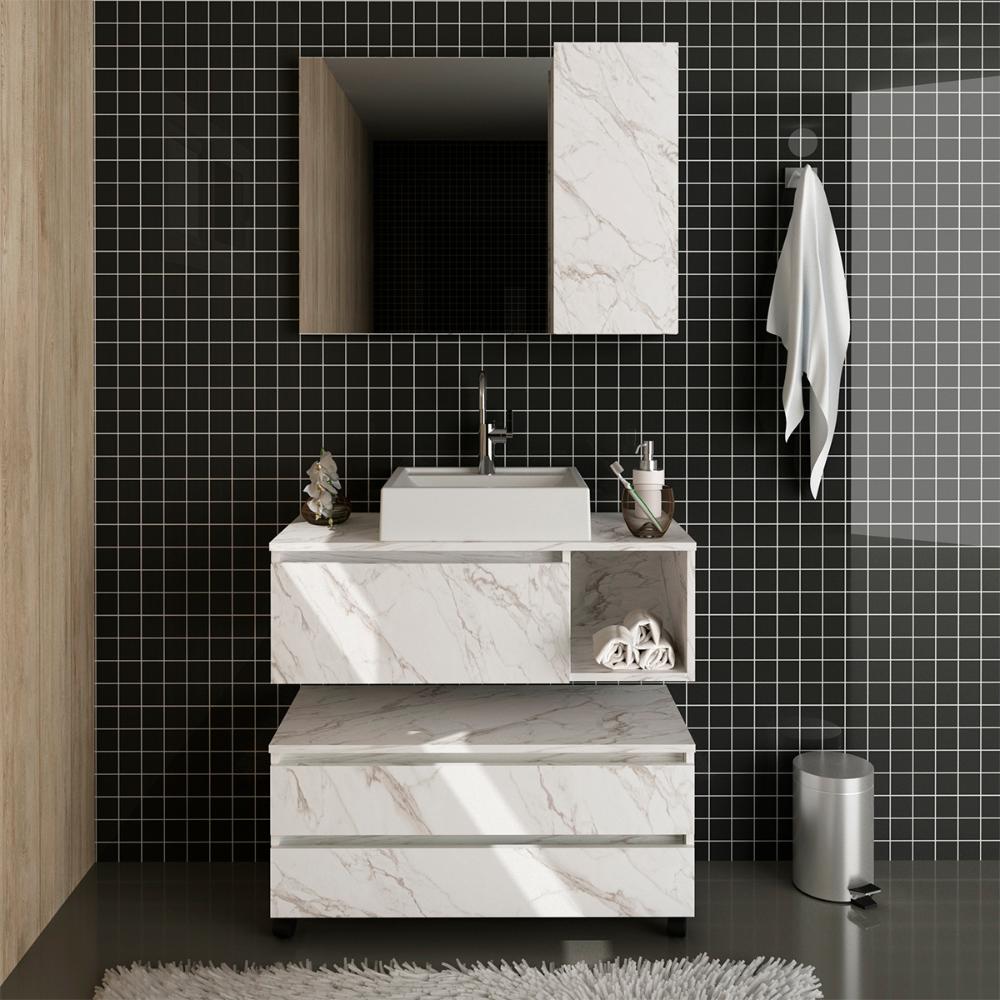 Conjunto Para Banheiro Armarios Com Cuba BN1 Marmore Branco Tecno Mobili