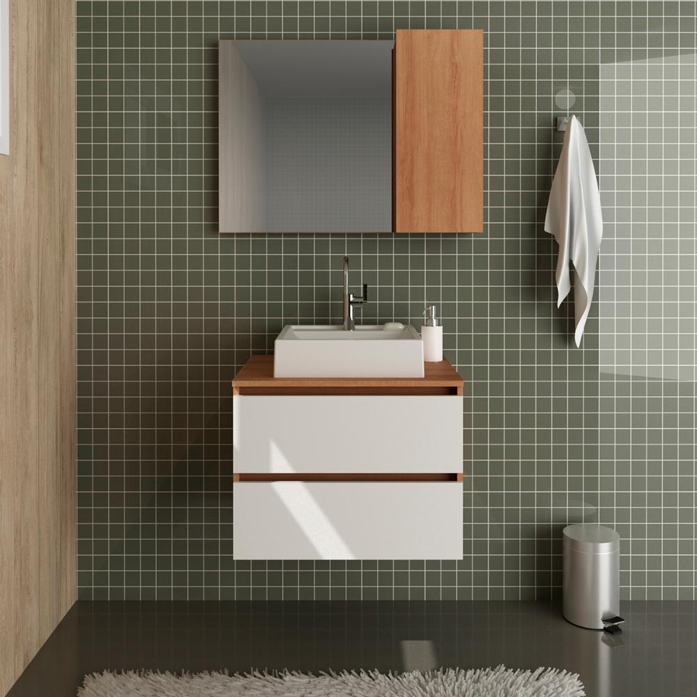 Conjunto Para Banheiro Armarios Com Cuba E Espelho BN10 Amendoa Branco Tecno Mobili