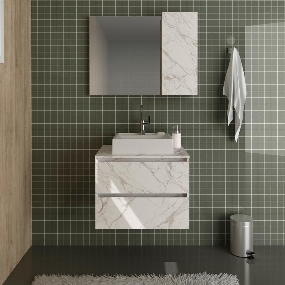 Conjunto Para Banheiro Armarios Com Cuba E Espelho BN10 Marmore Branco Tecno Mobili
