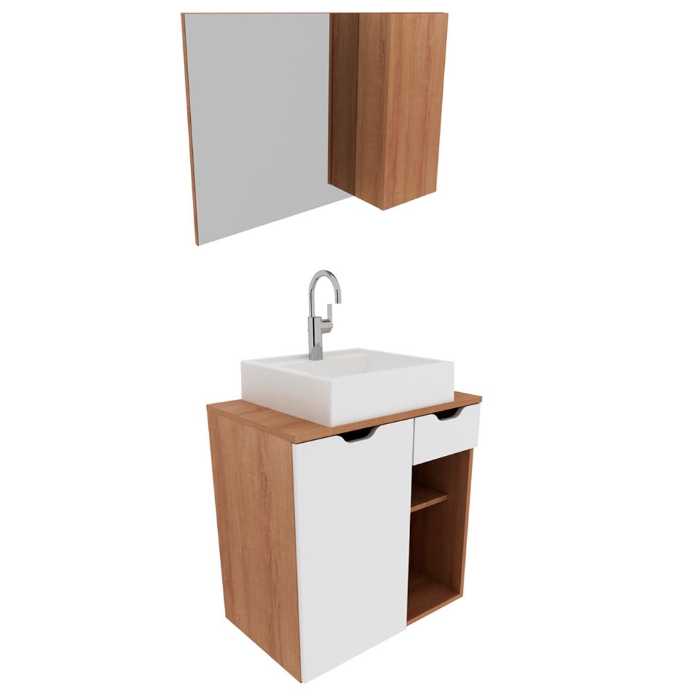 Conjunto Para Banheiro Armarios Com Cuba E Espelho BN2 Amendoa Branco Tecno Mobili