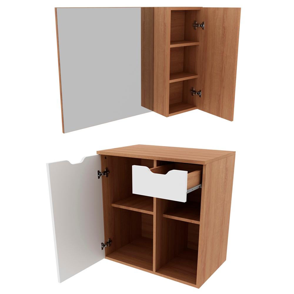 Conjunto Para Banheiro Armarios Com Cuba E Espelho BN2 Amendoa Branco Tecno Mobili