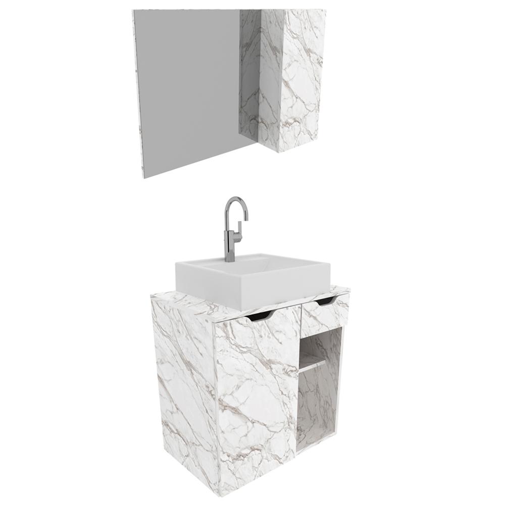 Conjunto Para Banheiro Armarios Com Cuba E Espelho BN2 Marmore Branco Tecno Mobili