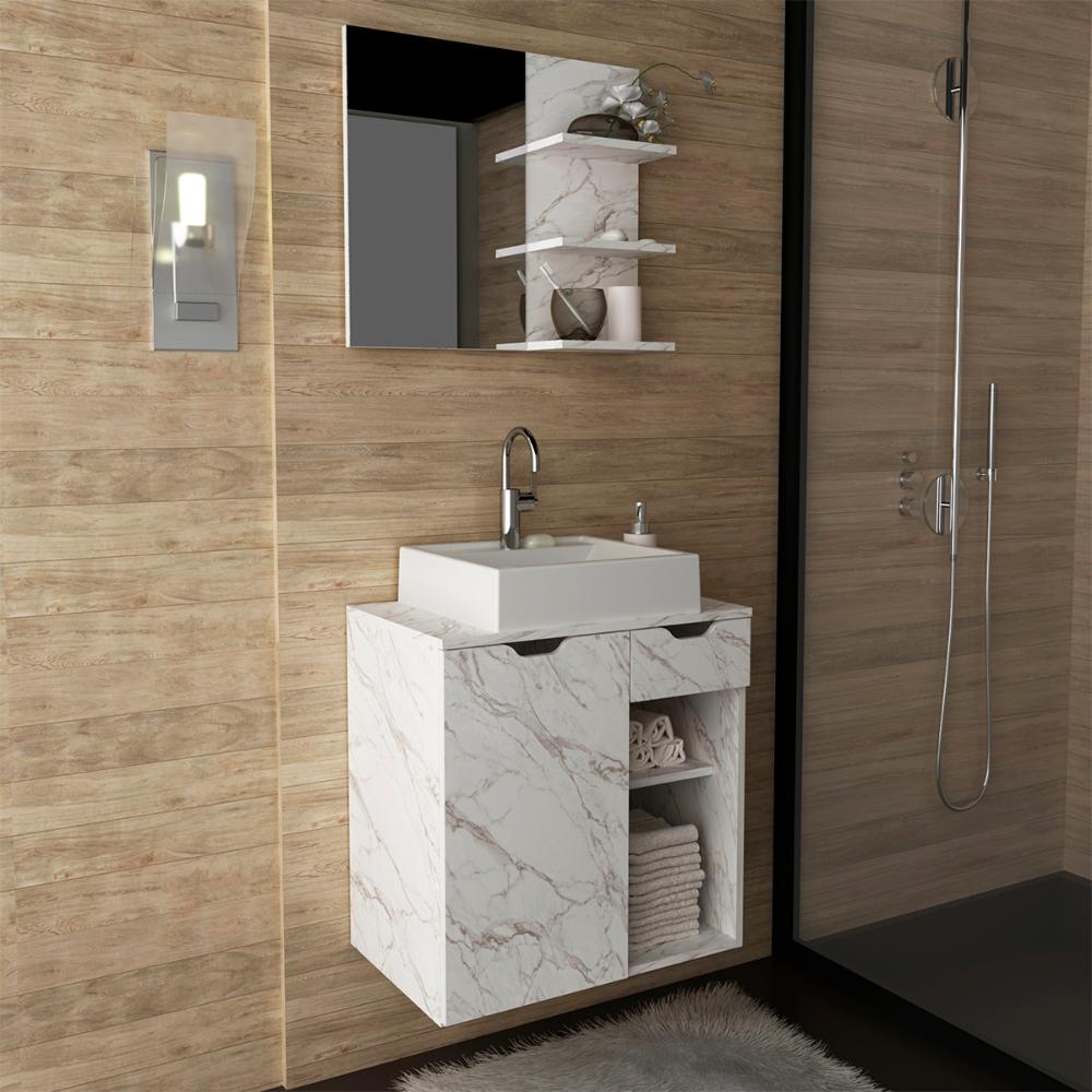 Conjunto Para Banheiro Armarios Com Cuba E Espelho BN3 Marmore Branco Tecno Mobili