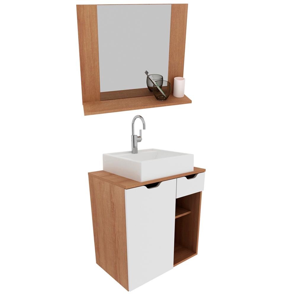 Conjunto Para Banheiro Armarios Com Cuba E Espelho BN4 Amendoa Branco Tecno Mobili