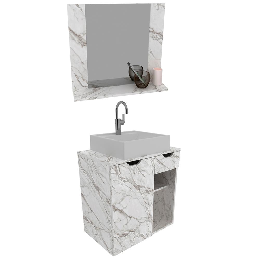 Conjunto Para Banheiro Armarios Com Cuba E Espelho BN4 Marmore Branco Tecno Mobili