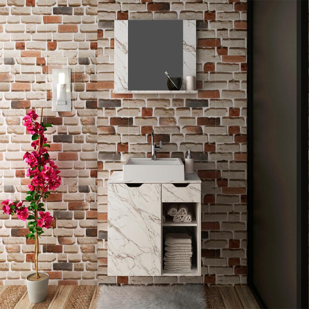 Conjunto Para Banheiro Armarios Com Cuba E Espelho BN4 Marmore Branco Tecno Mobili