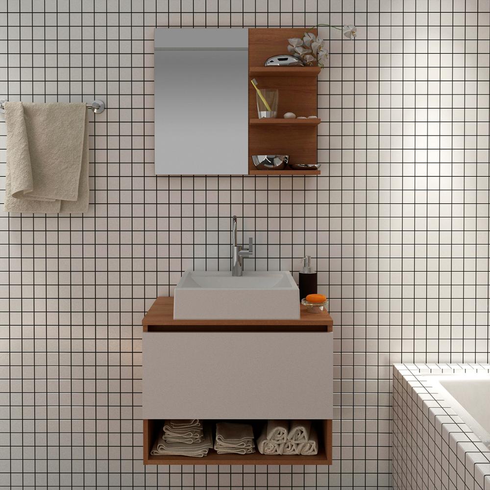 Conjunto Para Banheiro Armarios Com Cuba E Espelho BN5 Amendoa Branco Tecno Mobili