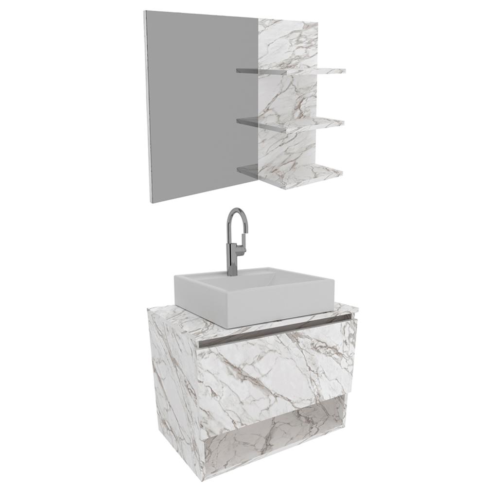 Conjunto Para Banheiro Armarios Com Cuba E Espelho BN5 Marmore Branco Tecno Mobili