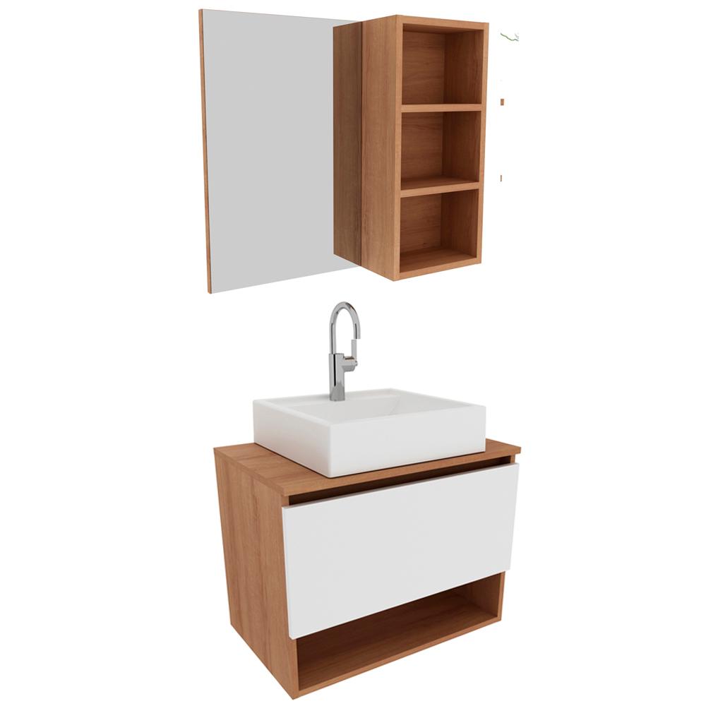 Conjunto Para Banheiro Armarios Com Cuba E Espelho BN6 Amendoa Branco Tecno Mobili