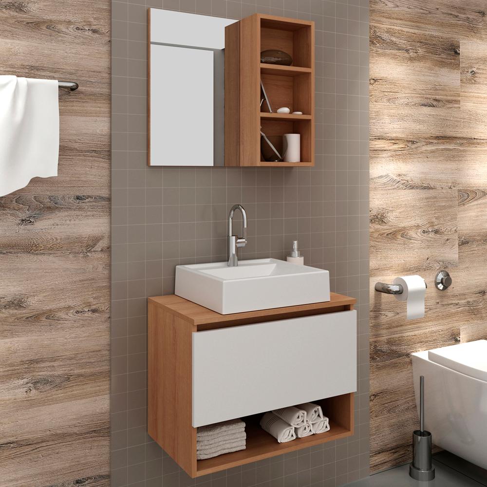 Conjunto Para Banheiro Armarios Com Cuba E Espelho BN6 Amendoa Branco Tecno Mobili
