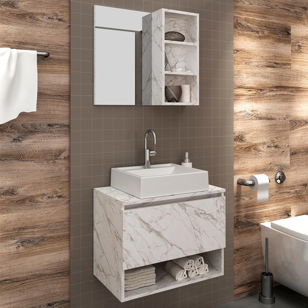 Conjunto Para Banheiro Armarios Com Cuba E Espelho BN6 Marmore Branco Tecno Mobili
