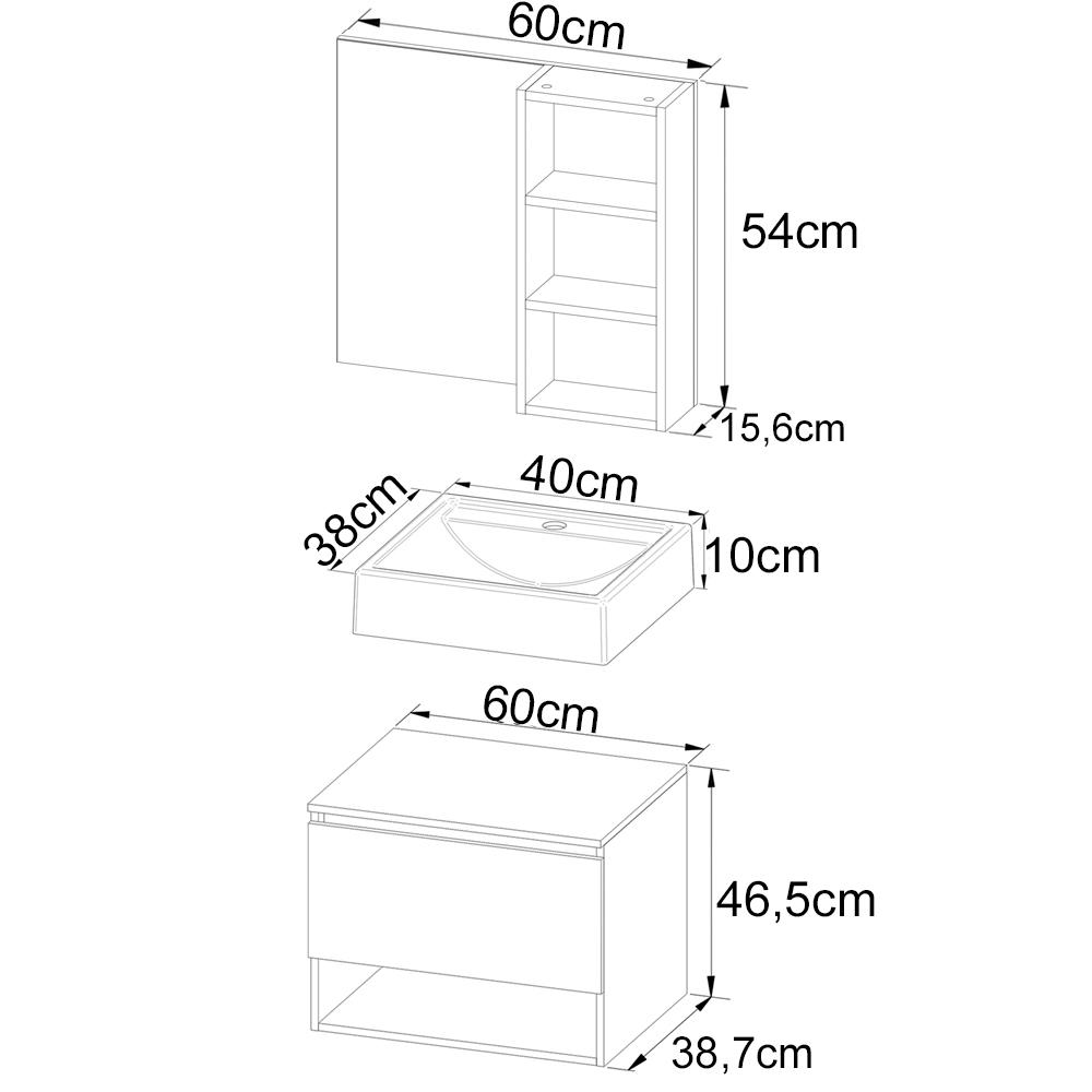 Conjunto Para Banheiro Armarios Com Cuba E Espelho BN6 Marmore Branco Tecno Mobili