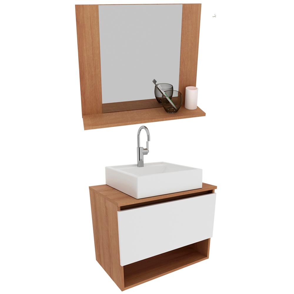 Conjunto Para Banheiro Armarios Com Cuba E Espelho BN7 Amendoa Branco Tecno Mobili
