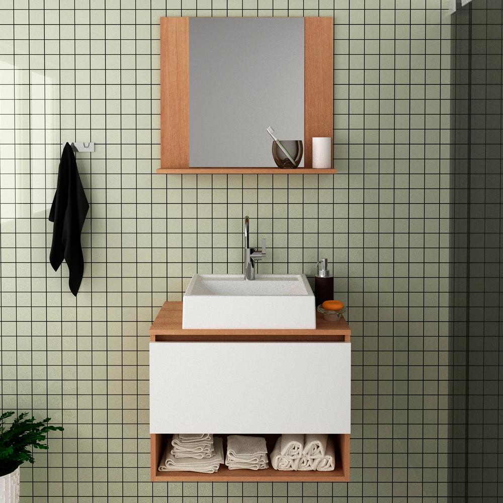 Conjunto Para Banheiro Armarios Com Cuba E Espelho BN7 Amendoa Branco Tecno Mobili