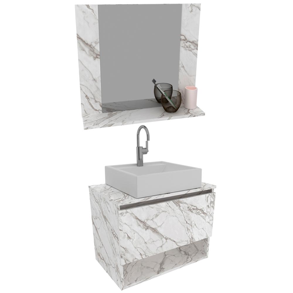 Conjunto Para Banheiro Armarios Com Cuba E Espelho BN7 Marmore Branco Tecno Mobili