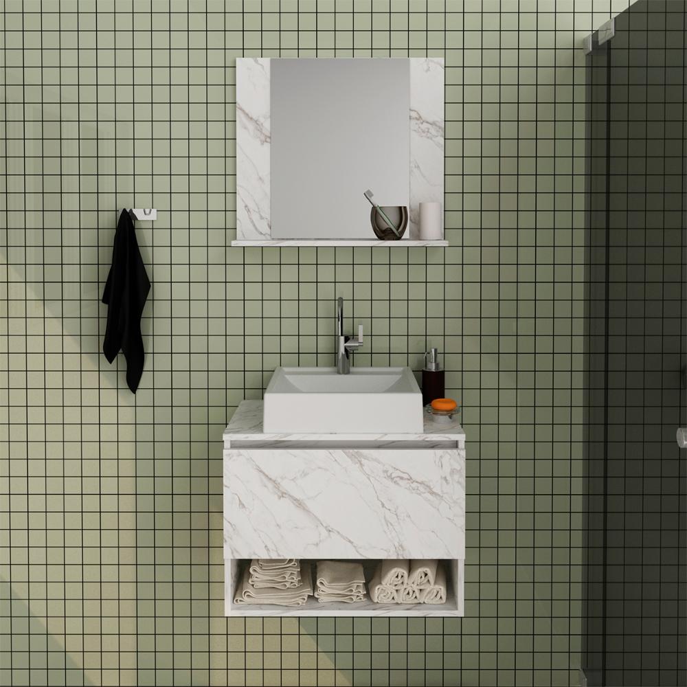 Conjunto Para Banheiro Armarios Com Cuba E Espelho BN7 Marmore Branco Tecno Mobili