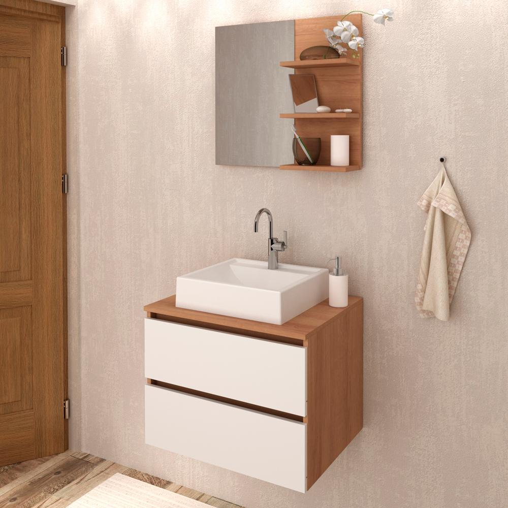 Conjunto Para Banheiro Armarios Com Cuba E Espelho BN8 Amendoa Branco Tecno Mobili