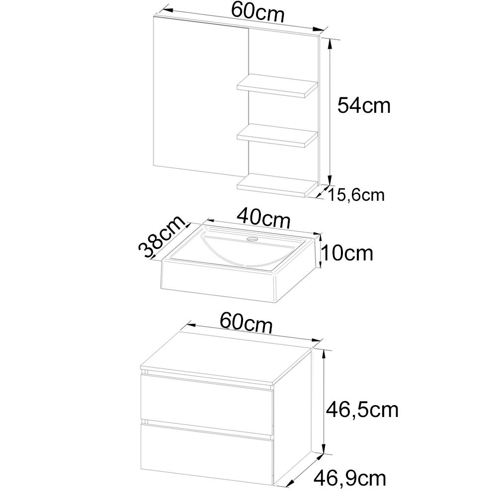 Conjunto Para Banheiro Armarios Com Cuba E Espelho BN8 Marmore Branco Tecno Mobili